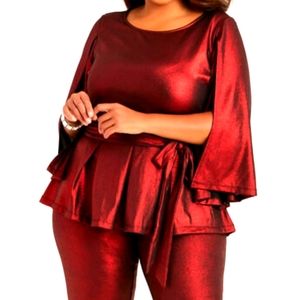 Metallic Red Peplum top + Red JOGGER + Red Duster coat